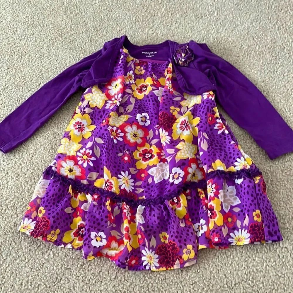 Wonderkids Purple Floral Toddler Dress with Built-in Cardigan- 3T